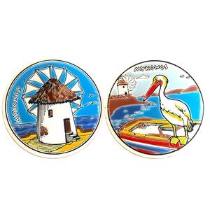 Vintage Niarchos Greece Handpainted Ceramic Tile Coasters Set of 2 Mykonos Ocean